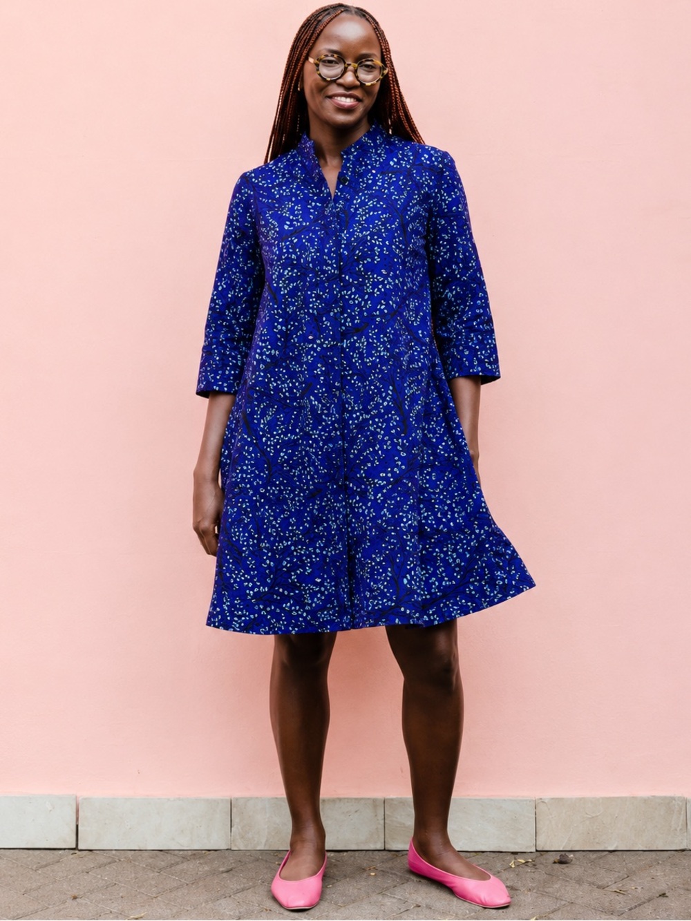 NWT Zuri Ultramarine Leaf Print Shirt Dress Handmade Kenya 100% Cotton Size 3X - Picture 1 of 8